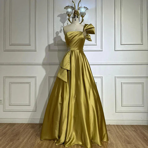 2025 Saudi Arabic Yellow Satin One Shoulder A Line Evening Dress with Beaded for Formal Occasion LA72794