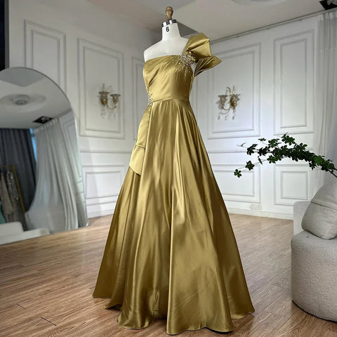 2025 Saudi Arabic Yellow Satin One Shoulder A Line Evening Dress with Beaded for Formal Occasion LA72794