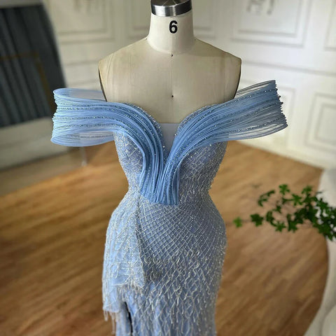 2025 Saudi Blue Beaded Off-Shoulder Mermaid Evening Gown with Side Split for Formal Occasion LA72867