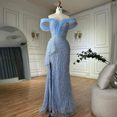 2025 Saudi Blue Beaded Off-Shoulder Mermaid Evening Gown with Side Split for Formal Occasion LA72867