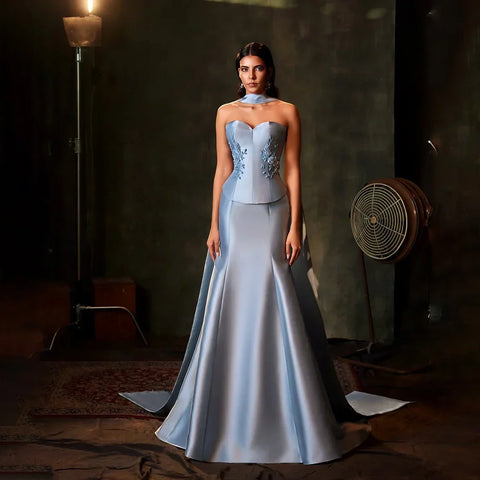 2025 Saudi Blue Strapless Mermaid Satin Evening Dress Gown with Long Scarf for Formal Occasion LA72831