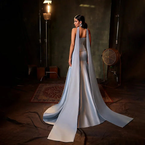 2025 Saudi Blue Strapless Mermaid Satin Evening Dress Gown with Long Scarf for Formal Occasion LA72831