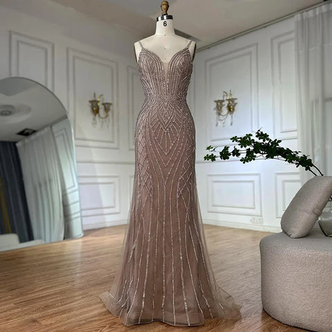 2025 Saudi Caramel Mermaid Arabic Evening Dresses with Beaded Cape Sleeves for Formal Occasion LA72852