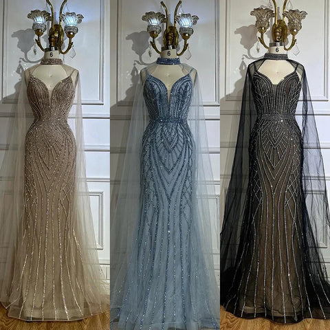 2025 Saudi Caramel Mermaid Arabic Evening Dresses with Beaded Cape Sleeves for Formal Occasion LA72852