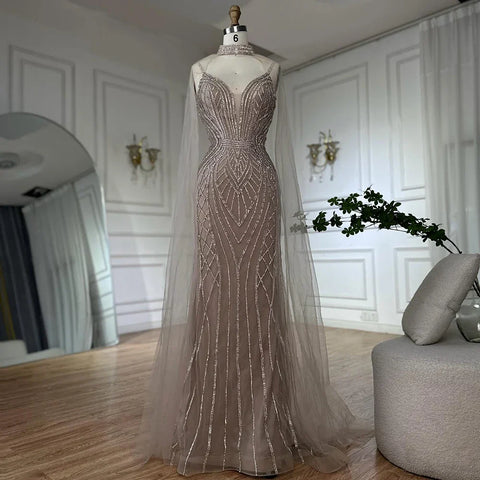 2025 Saudi Caramel Mermaid Arabic Evening Dresses with Beaded Cape Sleeves for Formal Occasion LA72852