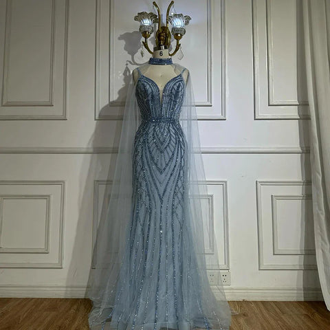 2025 Saudi Caramel Mermaid Arabic Evening Dresses with Beaded Cape Sleeves for Formal Occasion LA72852