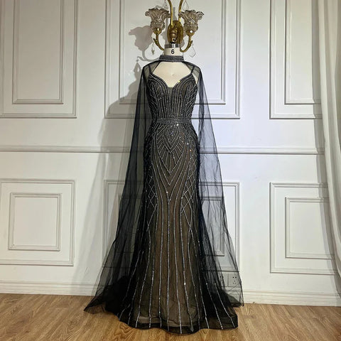 2025 Saudi Caramel Mermaid Arabic Evening Dresses with Beaded Cape Sleeves for Formal Occasion LA72852