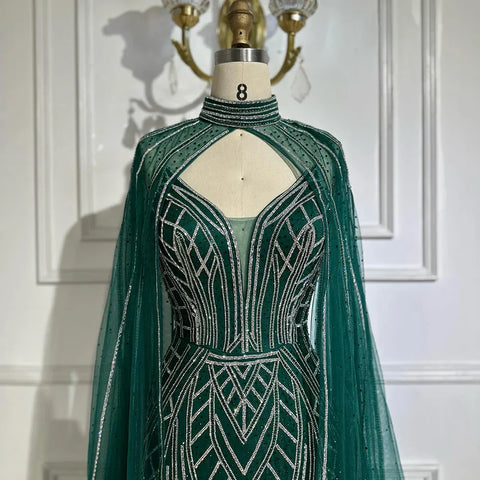 2025 Saudi Green Mermaid Arabic Evening Dresses with Beaded Cape Sleeves for Formal Occasion LA72838