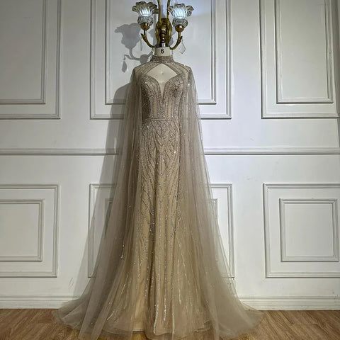 2025 Saudi Green Mermaid Arabic Evening Dresses with Beaded Cape Sleeves for Formal Occasion LA72838