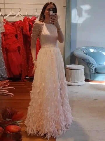 2025 Saudi Luxury Pink Feathers A Line Arabic Beaded Evening Dress Gown for Formal Occasion LA72721