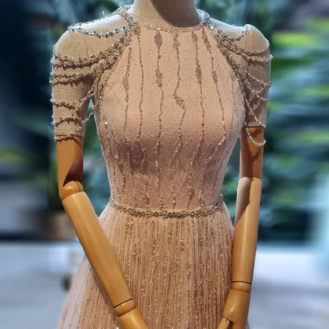 2025 Saudi Luxury Pink Feathers A Line Arabic Beaded Evening Dress Gown for Formal Occasion LA72721