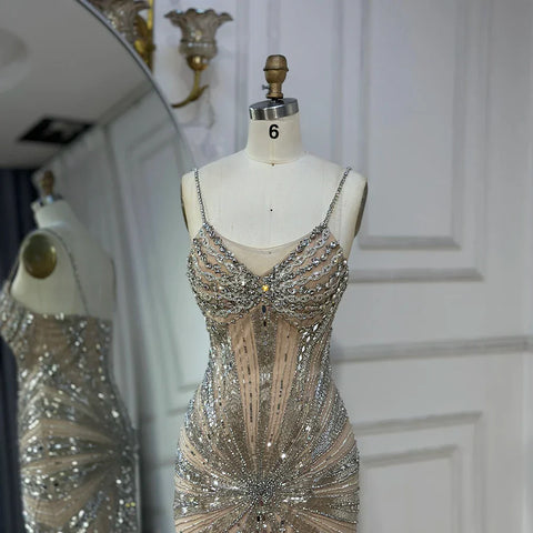 2025 Silver Nude Beaded Spaghetti Strap Mermaid Evening Dresses Gowns for Formal Occasion LA72803