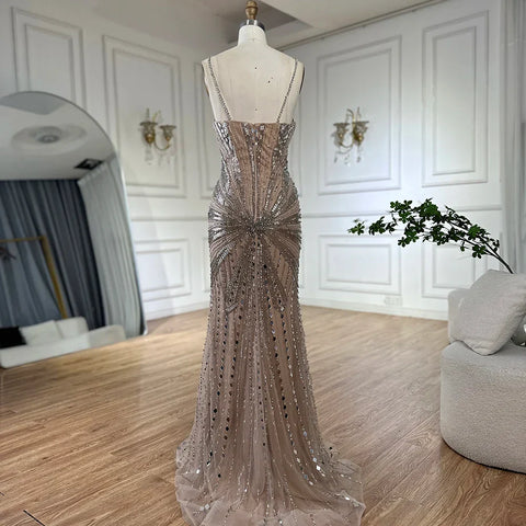 2025 Silver Nude Beaded Spaghetti Strap Mermaid Evening Dresses Gowns for Formal Occasion LA72803