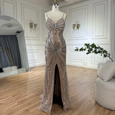 2025 Silver Nude Beaded Spaghetti Strap Mermaid Evening Dresses Gowns for Formal Occasion LA72803