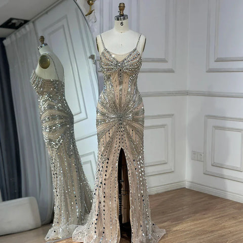 2025 Silver Nude Beaded Spaghetti Strap Mermaid Evening Dresses Gowns for Formal Occasion LA72803