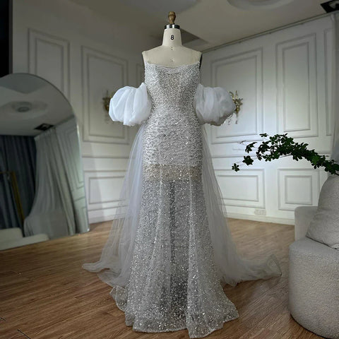 Nude Beaded Evening Gown with Vintage Half Puff Sleeves LA72653A