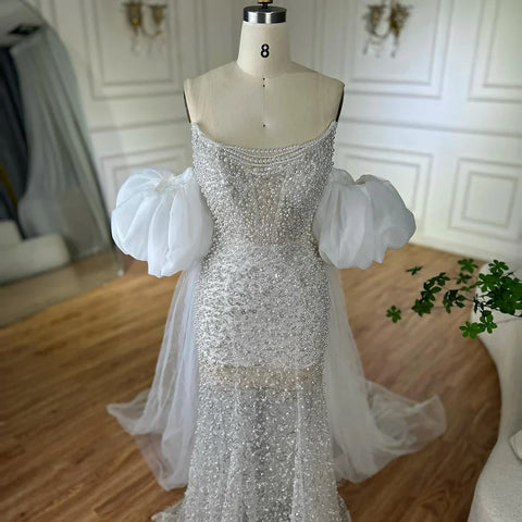 Nude Beaded Evening Gown with Vintage Half Puff Sleeves LA72653A