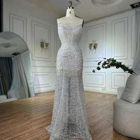 Nude Beaded Evening Gown with Vintage Half Puff Sleeves LA72653A