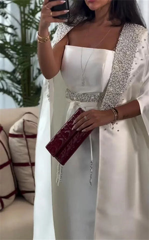 2025 White Mermaid Satin Arabic Evening Dresses Gowns with Long Cape for Formal Occasion LA72825