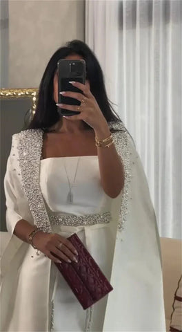 2025 White Mermaid Satin Arabic Evening Dresses Gowns with Long Cape for Formal Occasion LA72825