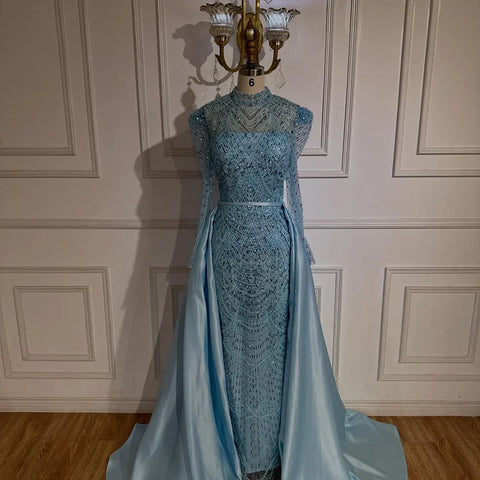 2025 White Muslim Mermaid Evening Dress Gown with Detachable Overskirt for Formal Occasion LA72032L