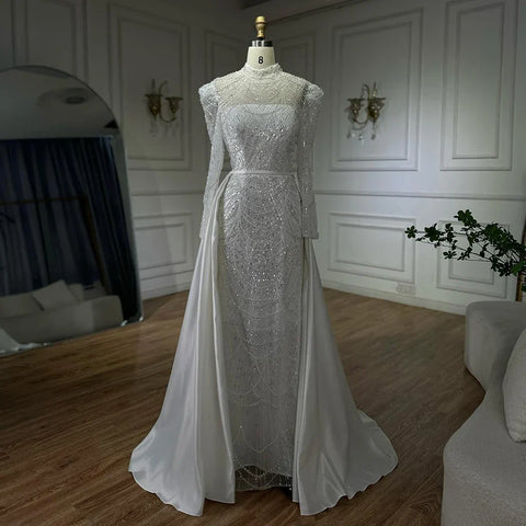 2025 White Muslim Mermaid Evening Dress Gown with Detachable Overskirt for Formal Occasion LA72032L