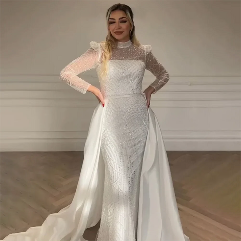 2025 White Muslim Mermaid Evening Dress Gown with Detachable Overskirt for Formal Occasion LA72032L