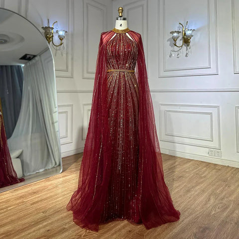 2025 Wine Red Beaded Mermaid Saudi Evening Dress with Cape for Formal Occasion LA72707A