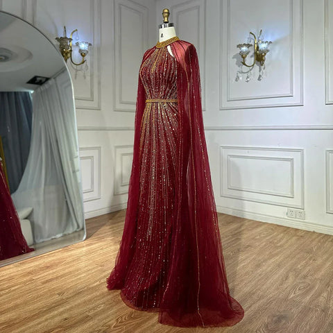 2025 Wine Red Beaded Mermaid Saudi Evening Dress with Cape for Formal Occasion LA72707A