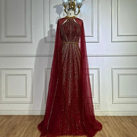 2025 Wine Red Beaded Mermaid Saudi Evening Dress with Cape for Formal Occasion LA72707A