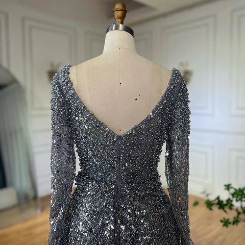 2025 Saudi Arabic Gray Mermaid Beaded With Overskirt Evening Dresses Gowns For Formal Occasion LA72849