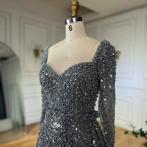 2025 Saudi Arabic Gray Mermaid Beaded With Overskirt Evening Dresses Gowns For Formal Occasion LA72849