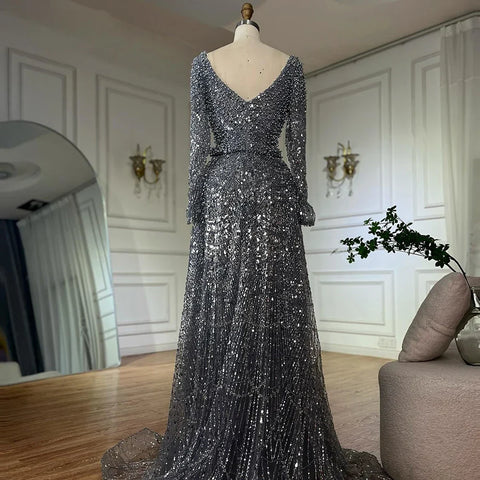 2025 Saudi Arabic Gray Mermaid Beaded With Overskirt Evening Dresses Gowns For Formal Occasion LA72849