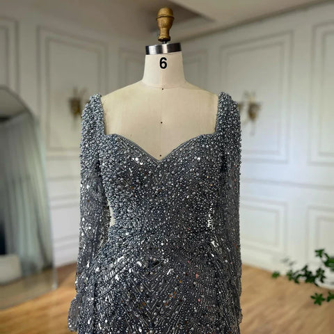 2025 Saudi Arabic Gray Mermaid Beaded With Overskirt Evening Dresses Gowns For Formal Occasion LA72849