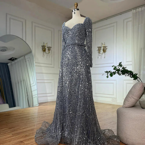 2025 Saudi Arabic Gray Mermaid Beaded With Overskirt Evening Dresses Gowns For Formal Occasion LA72849