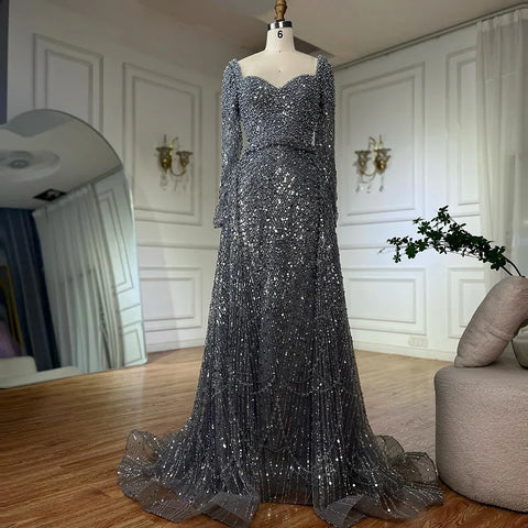 2025 Saudi Arabic Gray Mermaid Beaded With Overskirt Evening Dresses Gowns For Formal Occasion LA72849