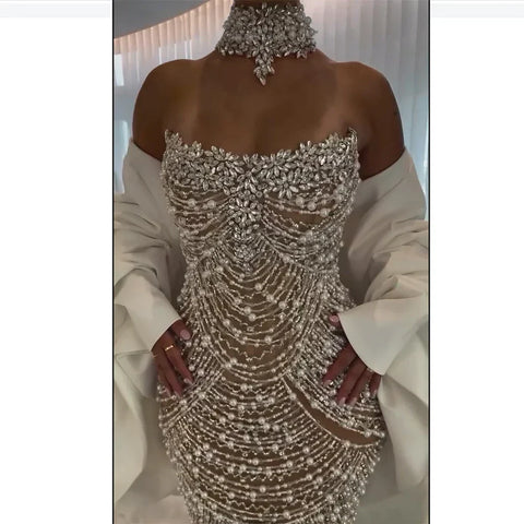 2025 Saudi Beaded Evening Dresses Gowns for Women white Mermaid for Women Wedding Party LA72802