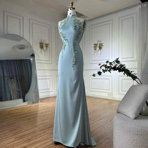 2025 Saudi Mint Mermaid Beaded Tassel Satin Evening Dress Gown with Corset for Formal Occasion LA72797B