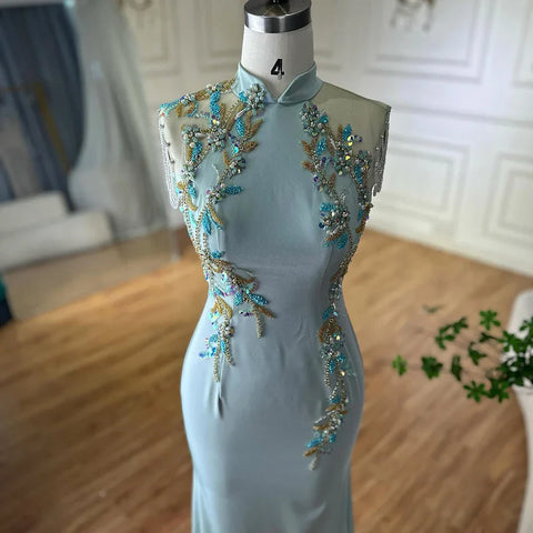 2025 Saudi Mint Mermaid Beaded Tassel Satin Evening Dress Gown with Corset for Formal Occasion LA72797B