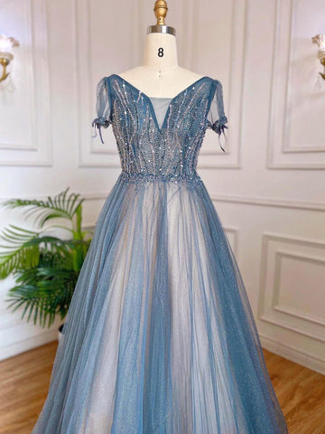 A-Line Blue Luxury Evening Dresses Gowns 2025 Beaded Short Sleeves Lace Up Arabic For Women Party LA70840