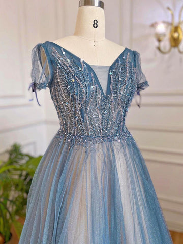 A-Line Blue Luxury Evening Dresses Gowns 2025 Beaded Short Sleeves Lace Up Arabic For Women Party LA70840