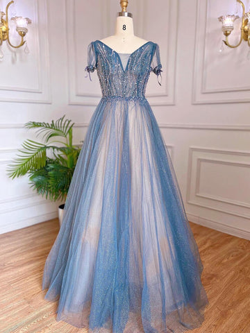 A-Line Blue Luxury Evening Dresses Gowns 2025 Beaded Short Sleeves Lace Up Arabic For Women Party LA70840