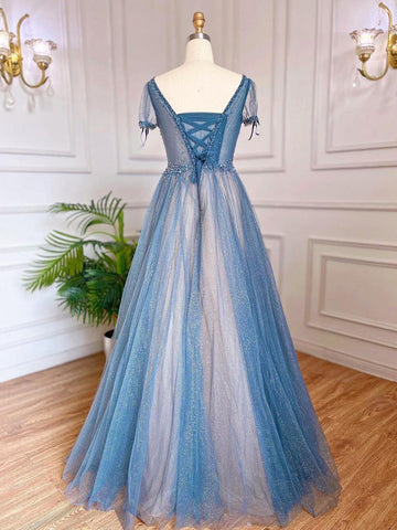 A-Line Blue Luxury Evening Dresses Gowns 2025 Beaded Short Sleeves Lace Up Arabic For Women Party LA70840
