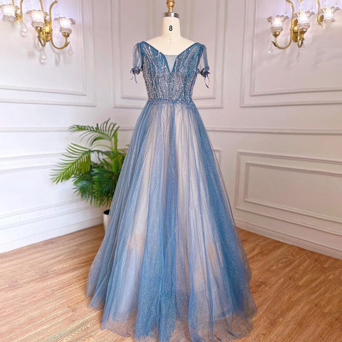A-Line Blue Luxury Evening Dresses Gowns 2025 Beaded Short Sleeves Lace Up Arabic For Women Party LA70840