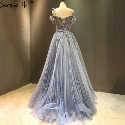 A-Line Blue Tulle Evening Dresses Gowns 2025 Beading Flowers Sexy For Women Party LA71149