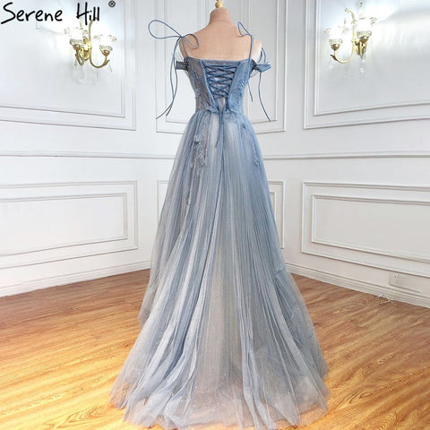 A-Line Blue Tulle Evening Dresses Gowns 2025 Beading Flowers Sexy For Women Party LA71149