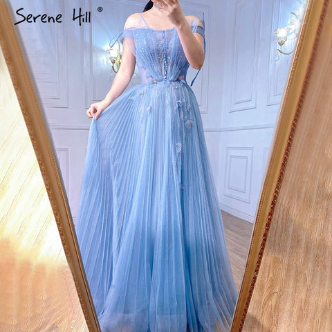 A-Line Blue Tulle Evening Dresses Gowns 2025 Beading Flowers Sexy For Women Party LA71149