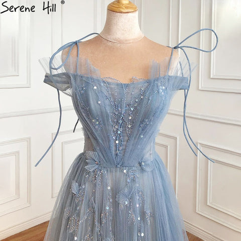 A-Line Blue Tulle Evening Dresses Gowns 2025 Beading Flowers Sexy For Women Party LA71149