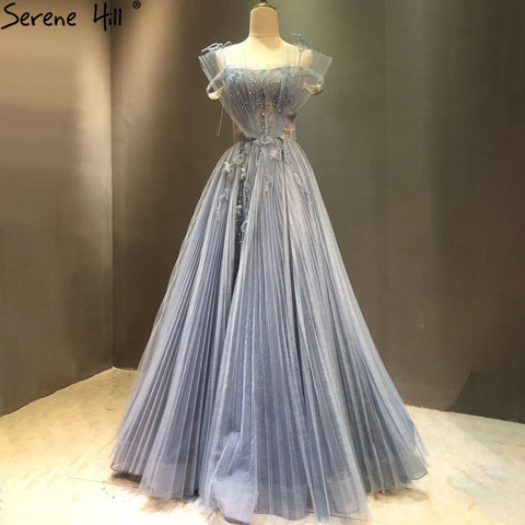 A-Line Blue Tulle Evening Dresses Gowns 2025 Beading Flowers Sexy For Women Party LA71149