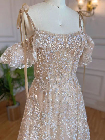 Arabic A-Line Nude Sexy Spaghetti Straps Lace Up Beaded Dubai Evening Dresses Gowns 2025 For Women Party LA71871